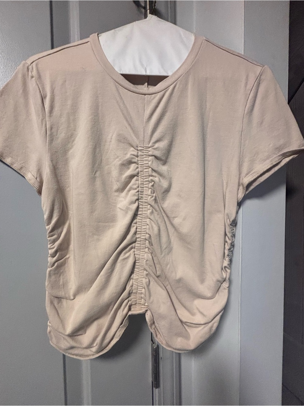 Divided Ruched Short Sleeve Crop Top in Beige